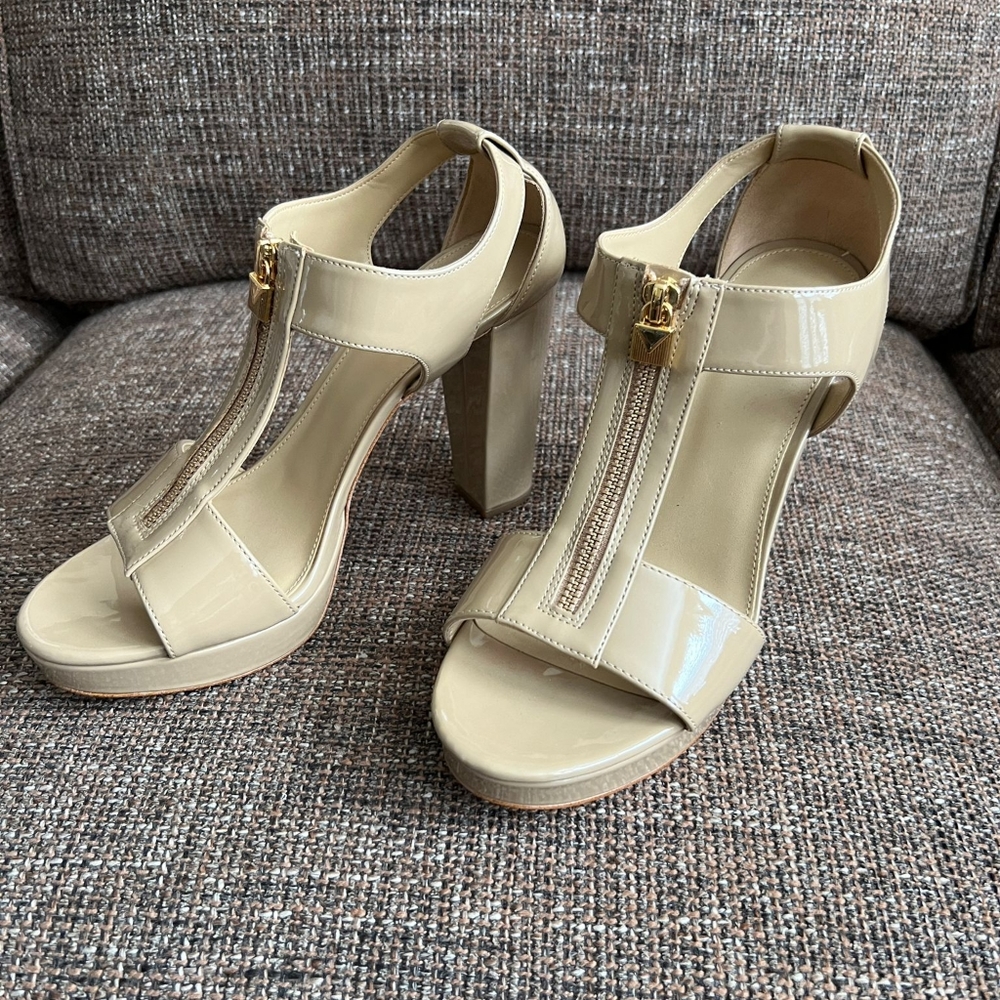 Michael Kors Beige Patent Leather Zip T-Strap Heels - Picture 9 of 9